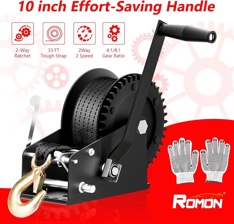 ROMON 3500lbs Boat Trailer Winch with 33 Foot Polyester Belt, 2-Way Ratchet 4:1/8:1 Gears, Portable Winch for Boats, Trucks, Trailers, Rv, ATV, Jet Skiing, Manual Crank Winch Come with 2 Gloves - Image 3